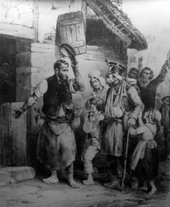 Gravure du XIXe siècle représentant l'accueil d'un émigré polonais en France